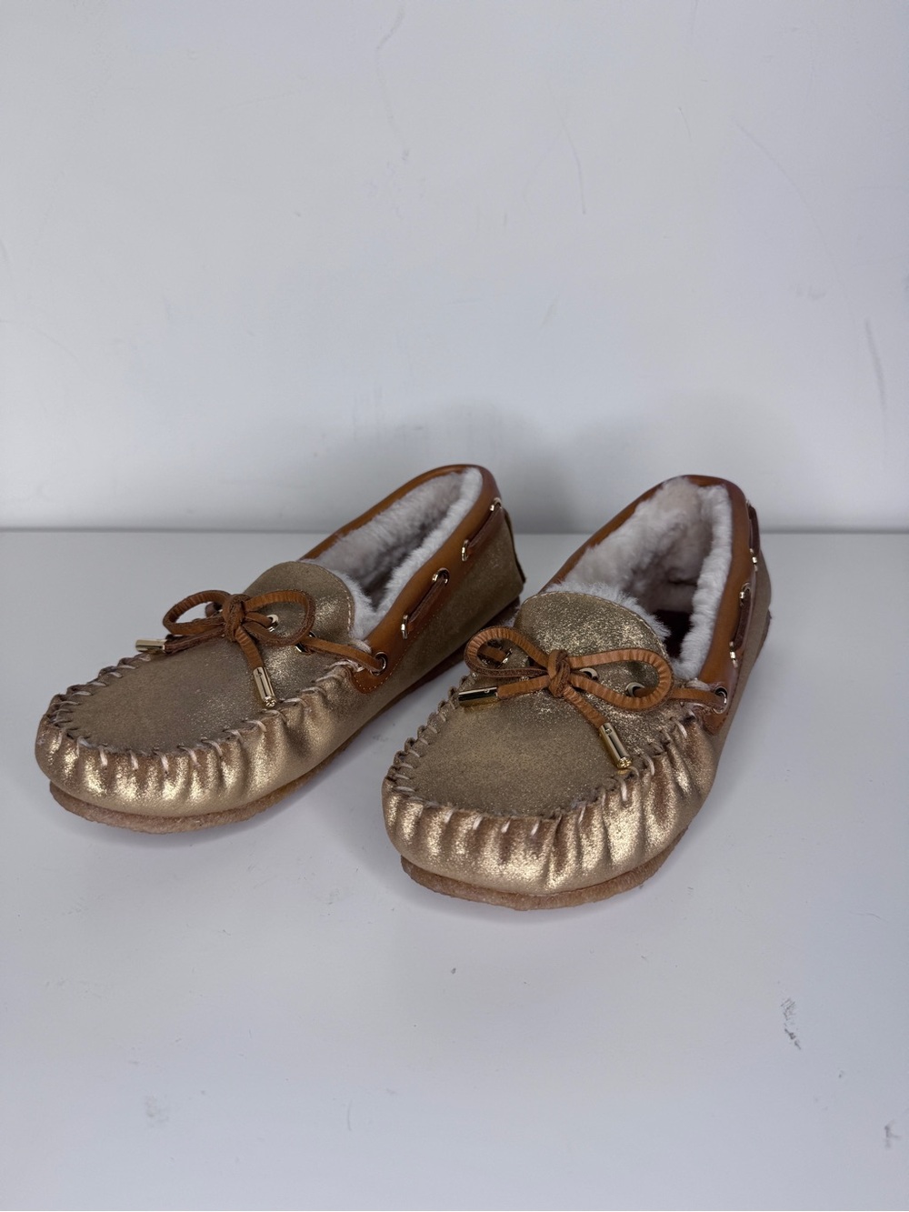 Tory Burch Metallic Gold Faux-Fur Lined Moccasins Flats 7